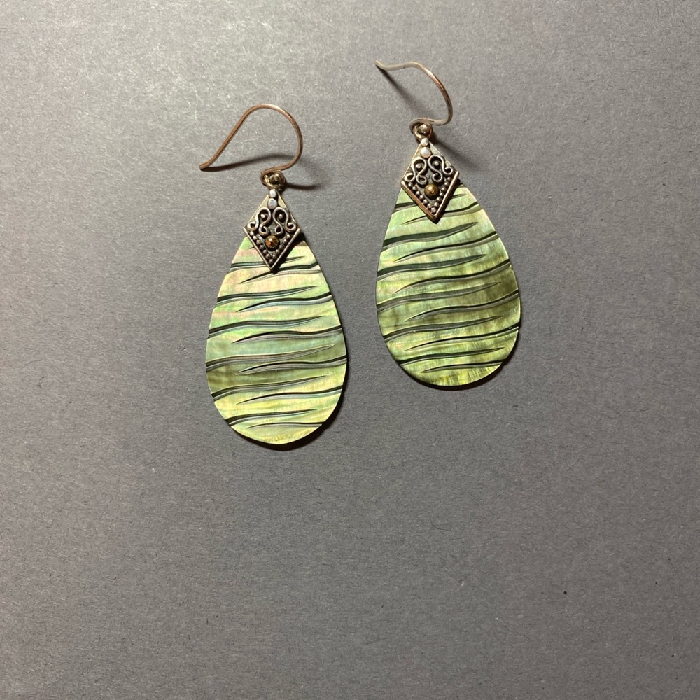 Vintage carved shell sterling silver green earrings